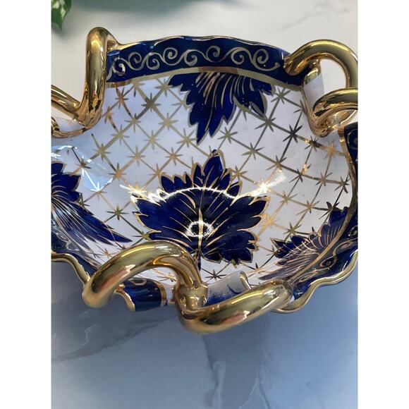 Vintage Blue White and Gold Porcelain China Floral Candy Dish - Picture 2 of 9